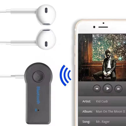Black bluetooth adaptor audio with circular button and blue bluetooth text for car handsfree kit music receiver mini