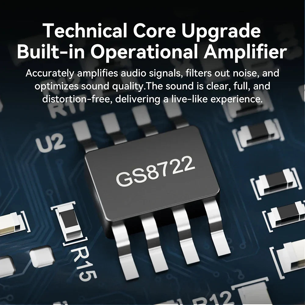 Black rectangular gs8722 operational amplifier chip with silver pins on blue circuit board in music wireless adapter