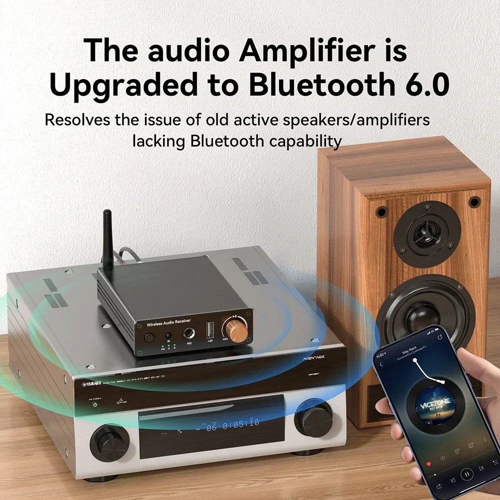 Black bluetooth 6.0 music wireless adapter with copper knob and silver chassis for microphone music wireless use