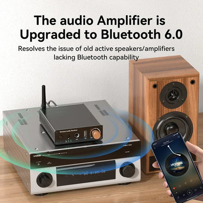 Black wireless audio receiver with copper rotary knob and silver chassis music wireless adapter for powered speakers amplifiers