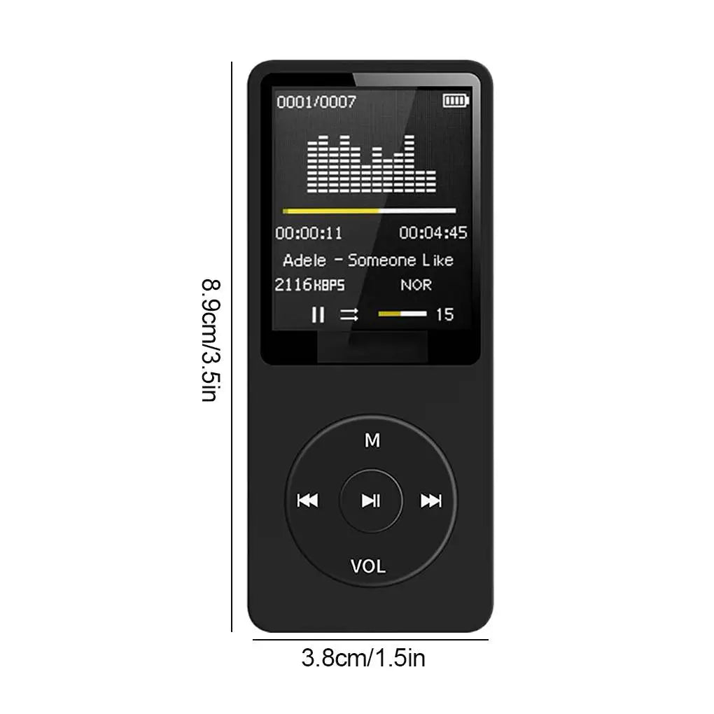 Black rectangular mp3 player recorder with small screen and control buttons designed as a lossless student sports walkman