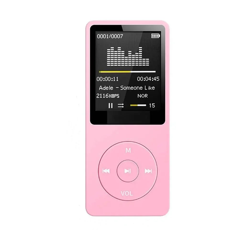 Pink plastic ultra-thin music player lossless with small screen and circular buttons ideal as student sports walkman mp3 player recorder