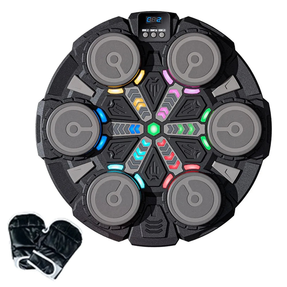 Black circular electronic drum pad with six gray pads colorful led lights and digital display for adjustable reaction training smart music boxing machine noise reduction