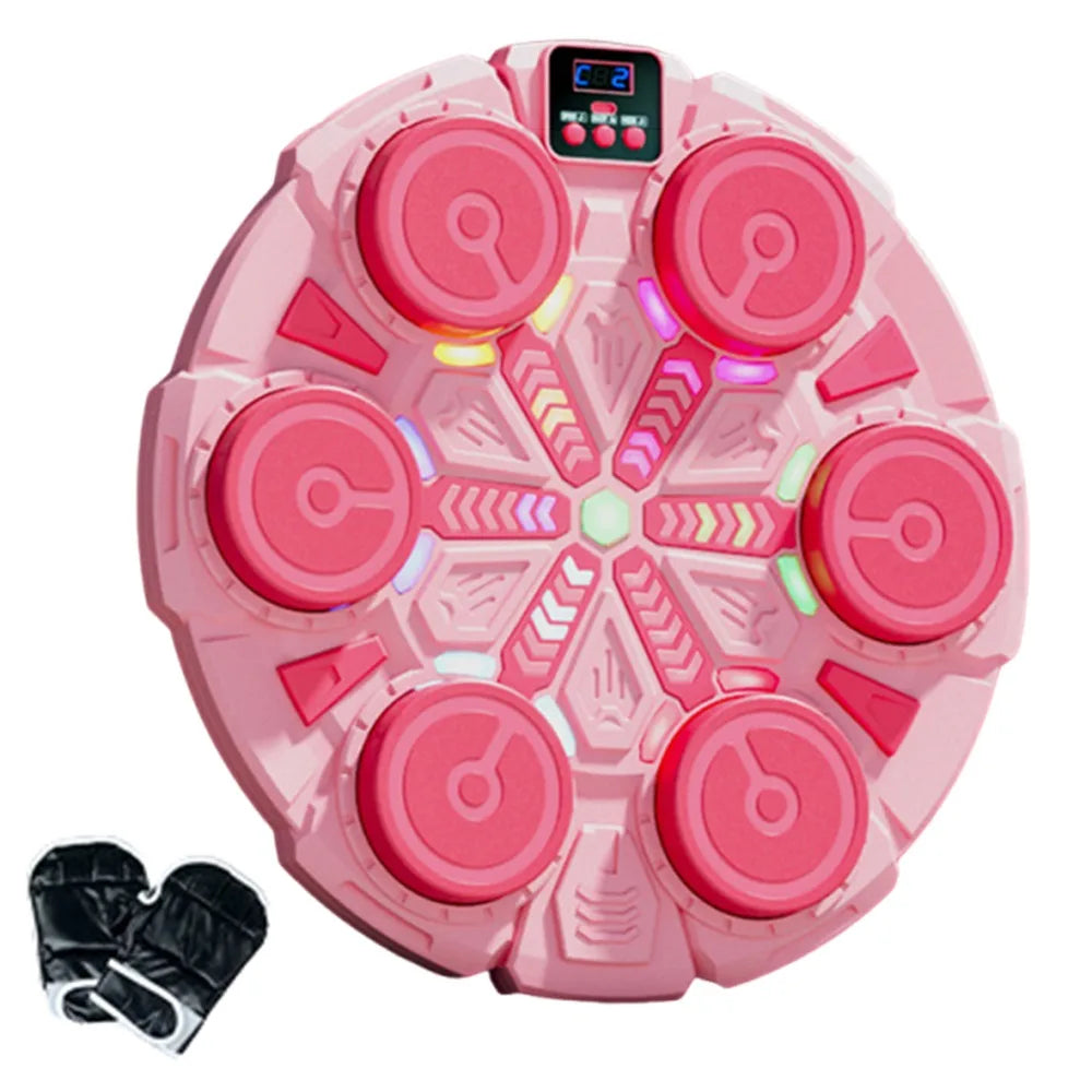 Pink circular electronic drum pad with six illuminated pads and black boxing gloves for smart music boxing machine noise reduction training