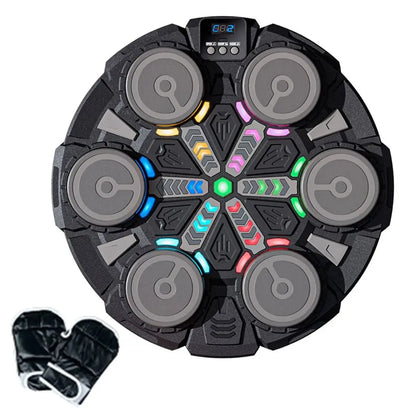 Black circular smart music boxing machine with six gray pads starburst led lights and adjustable reaction training features