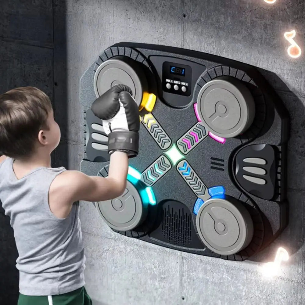 Black wall-mounted interactive drum pad with glowing leds for smart music boxing and adjustable reaction training noise reduction