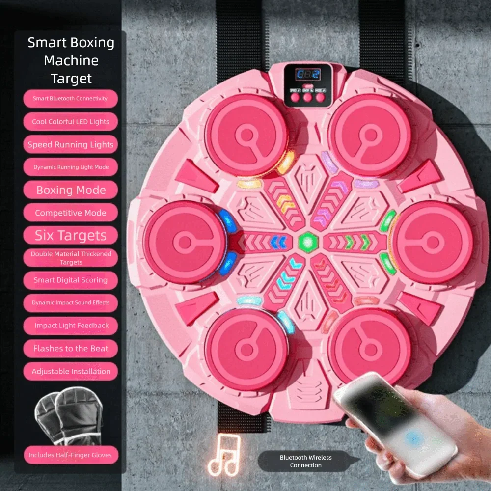 Pink circular smart music boxing machine with six glowing led targets and digital display for adjustable reaction training