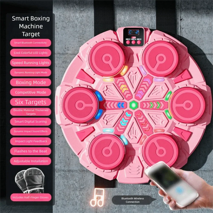 Pink circular smart music boxing machine with six glowing led targets and digital display for adjustable reaction training