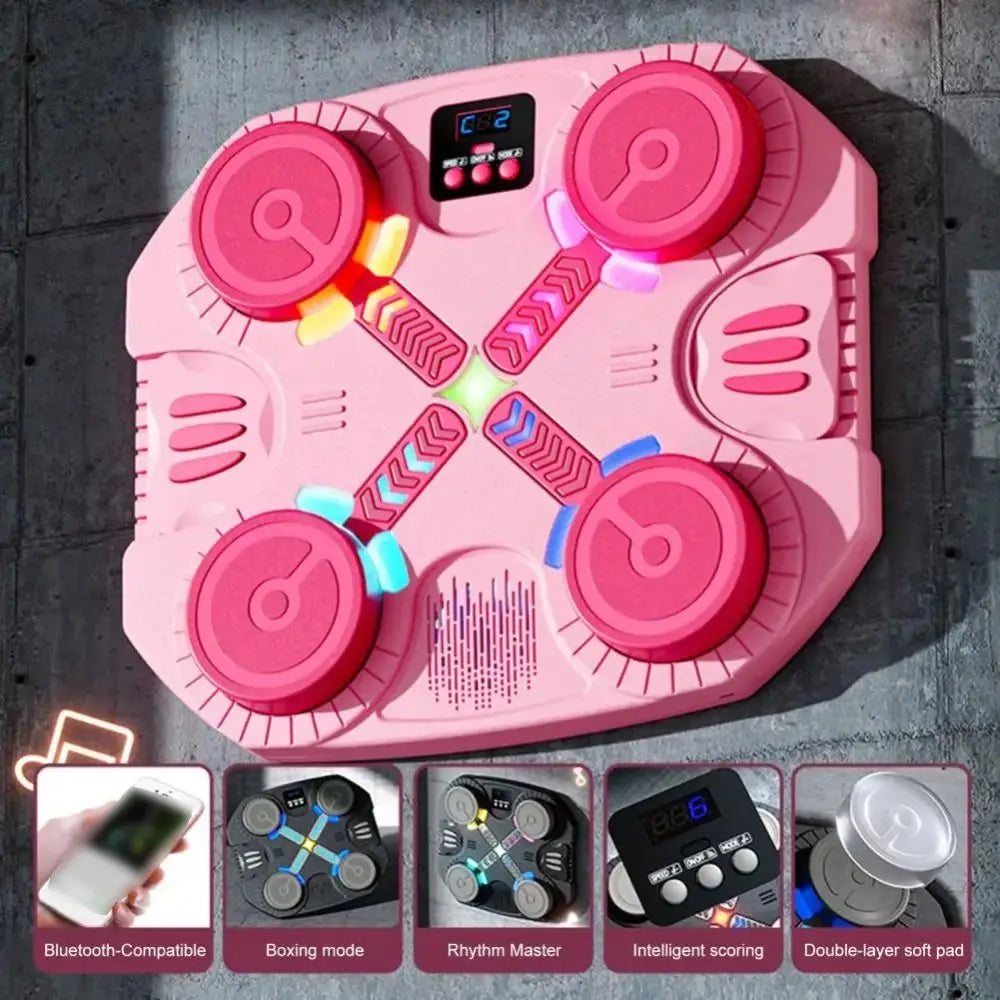 Pink octagonal smart music boxing machine with four circular buttons and led lights for adjustable reaction training