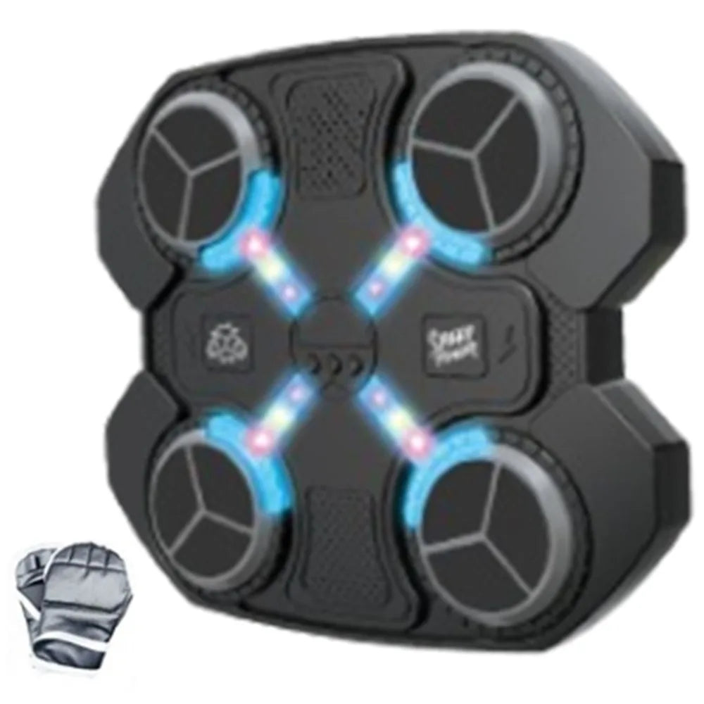 Black quadcopter drone controller with glowing blue and pink led lights for smart music boxing electronic target use