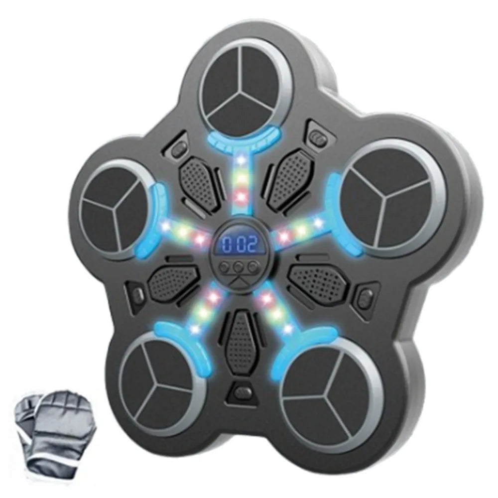 Gray and black star-shaped electronic drum pad with glowing blue led lights and display for smart music boxing use