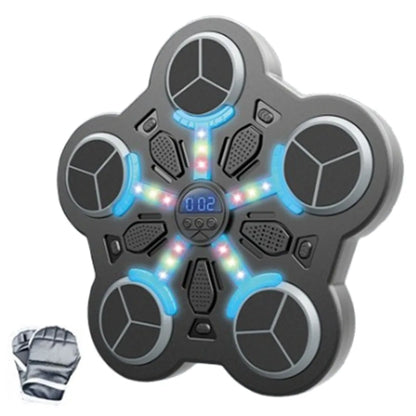 Gray and black star-shaped electronic drum pad with glowing blue led lights and display for smart music boxing use
