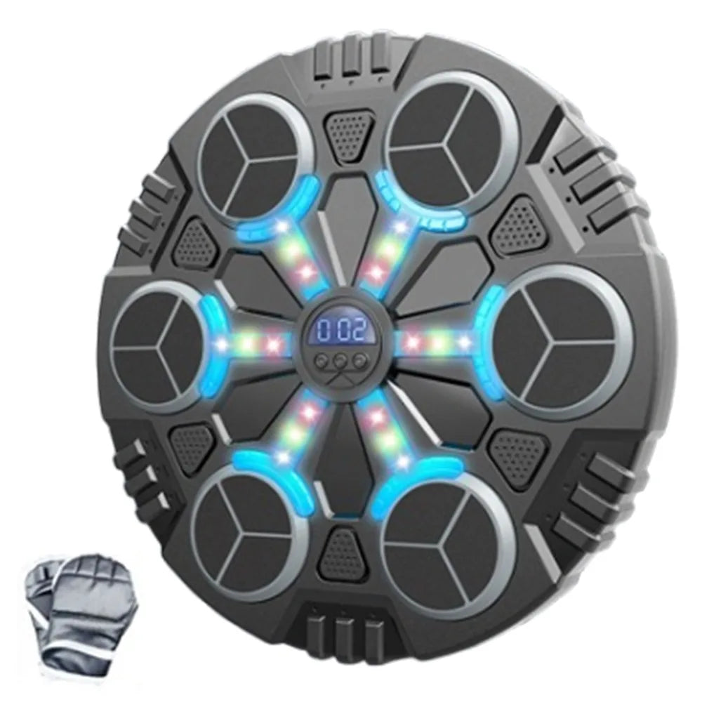 Black and silver circular electronic drum pad with blue led lights for smart music boxing and noise reduction use