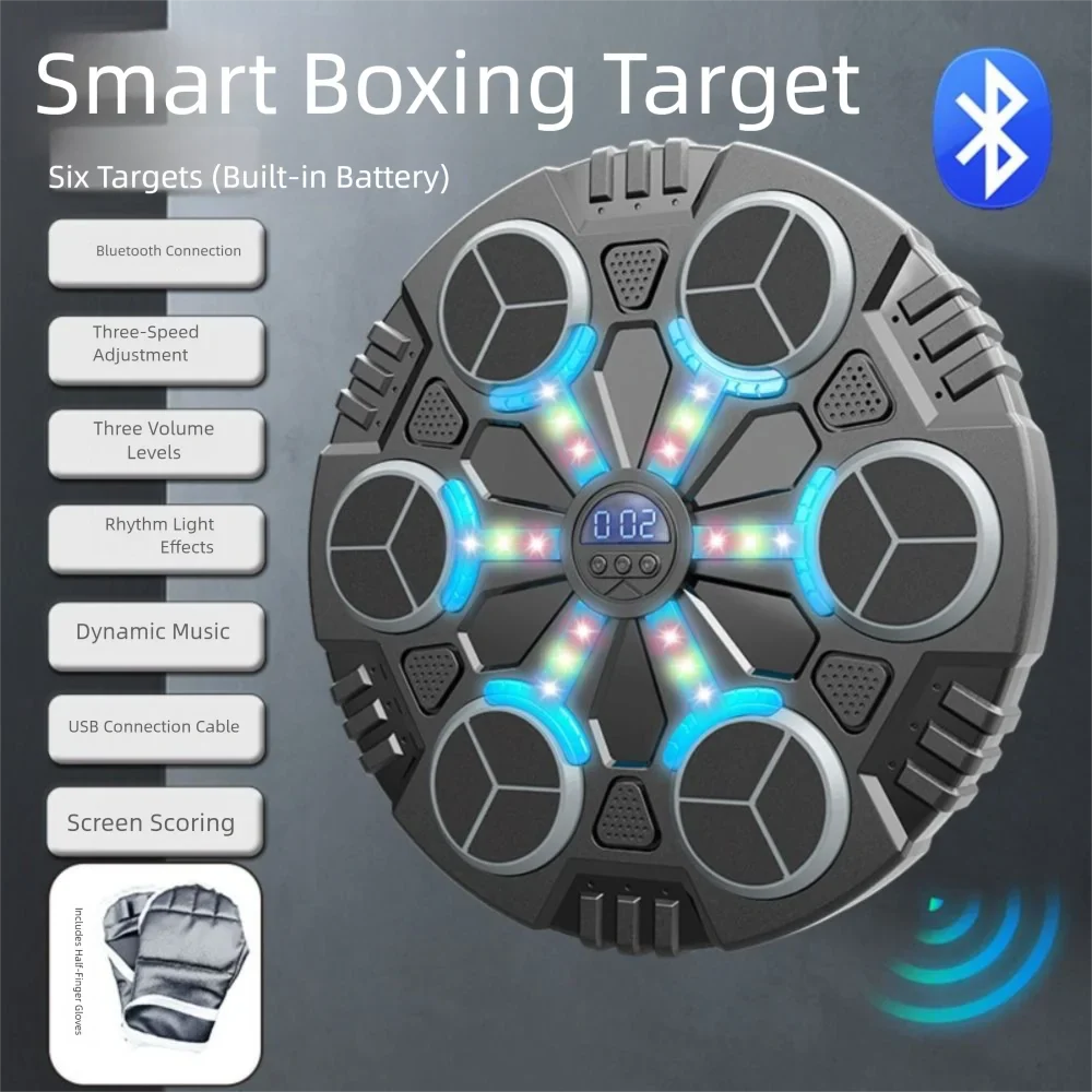 Gray circular smart music boxing target with six blue led targets and central digital display for wall mounted use