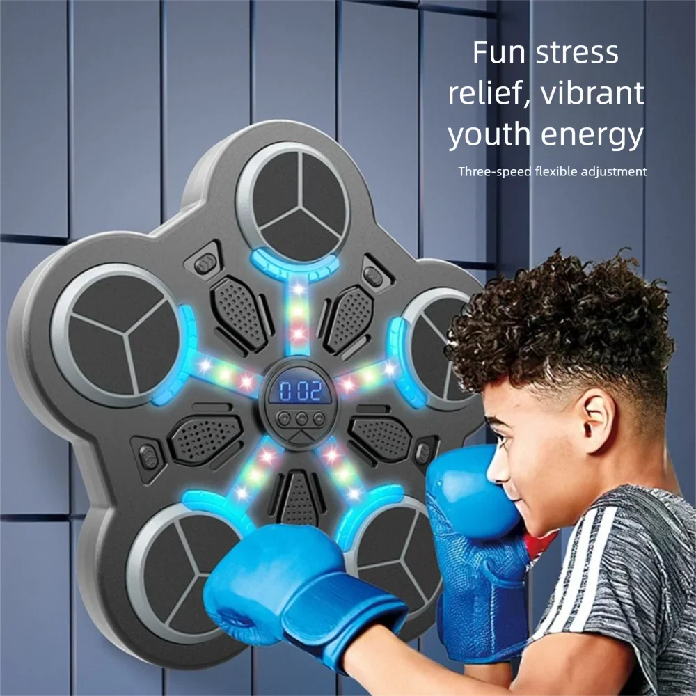 Gray five-leaf stress relief fidget toy with blue led lights and digital display for smart music boxing machine use