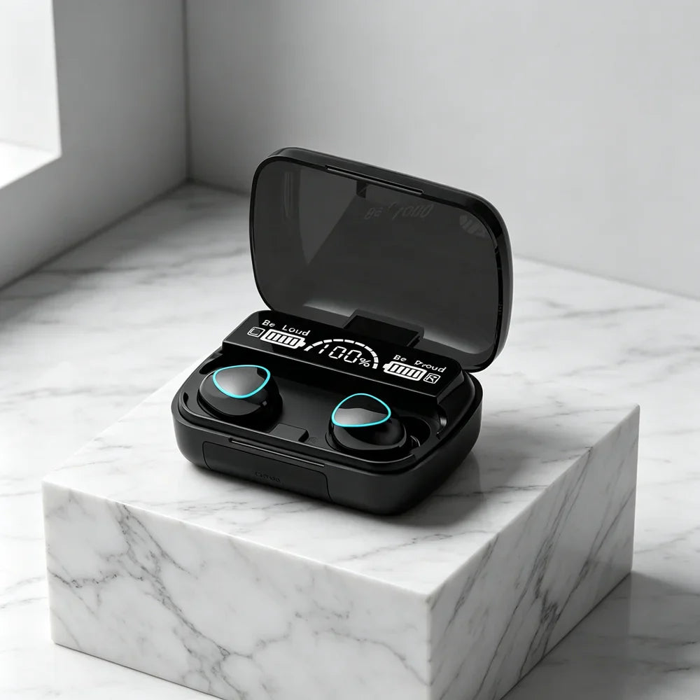 Black wireless earbuds with teal accents inside a matte black case featuring an led display for hi-fi stereo music