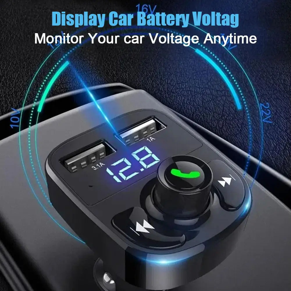 Black bluetooth fm transmitter with dual usb port charger, digital voltage display, and music playback control buttons