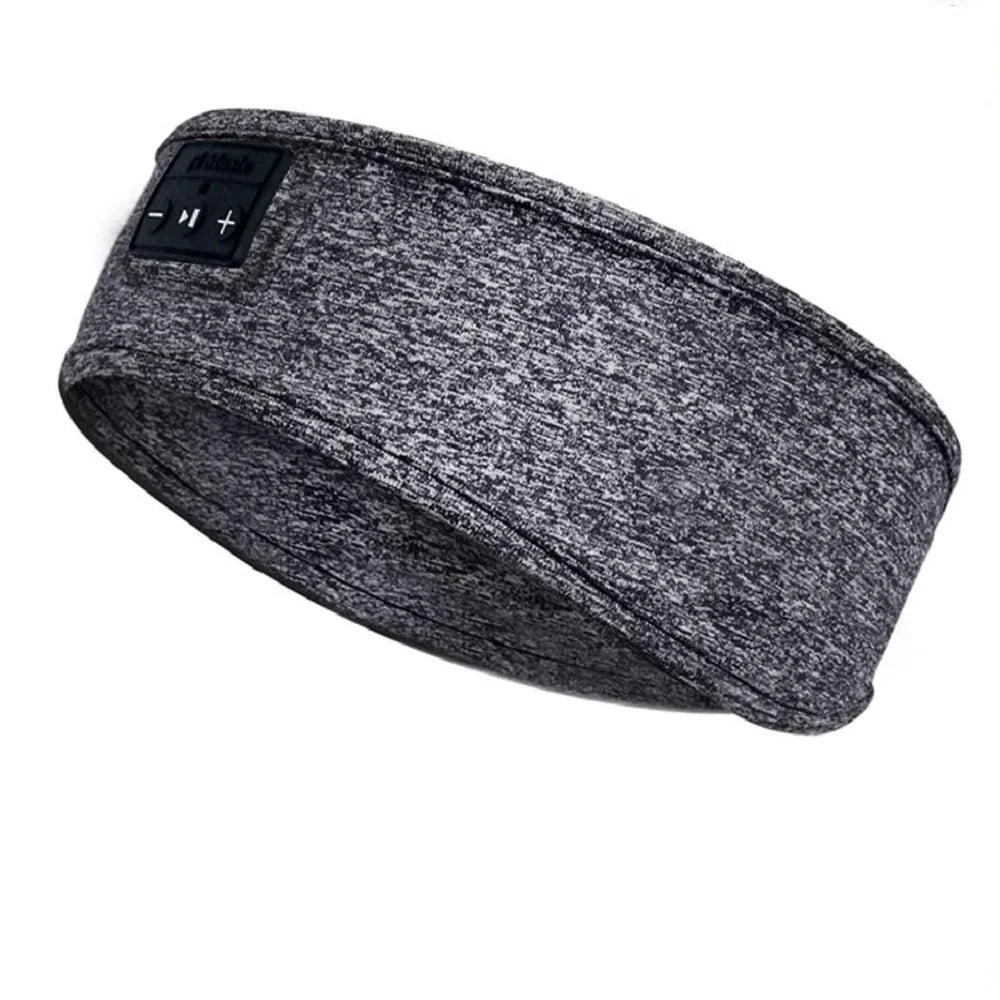 Gray heathered fabric bluetooth headband with black control panel featuring speakers unisex hairband for music sports and sleep