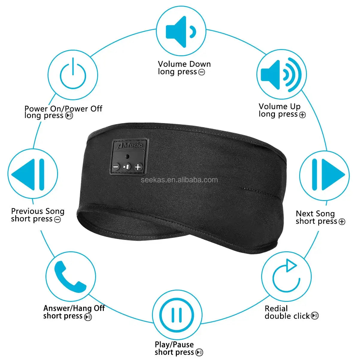 Black fabric headphone headband with built-in controls bluetooth 6.0 music sports headband and speakers unisex hairband