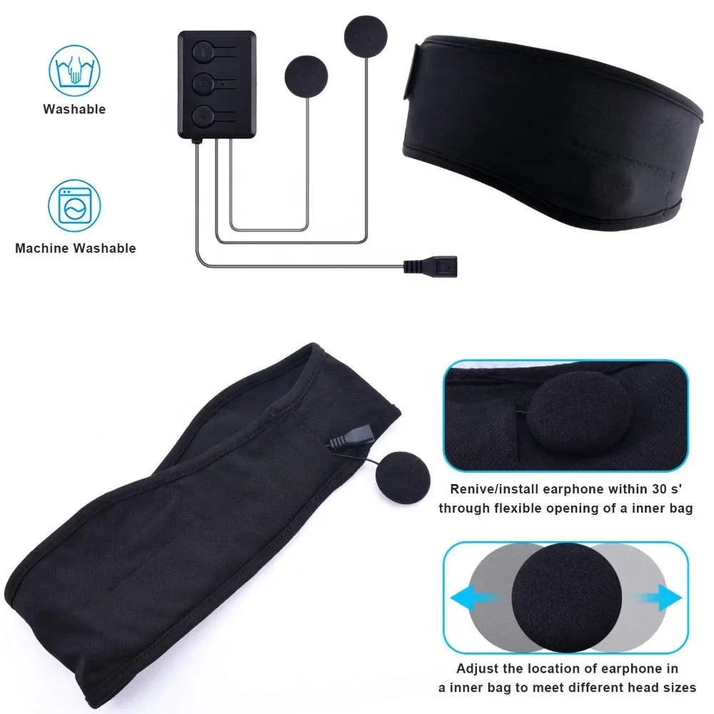 Black headphone headband with integrated speakers unisex hairband featuring control unit for music sports use