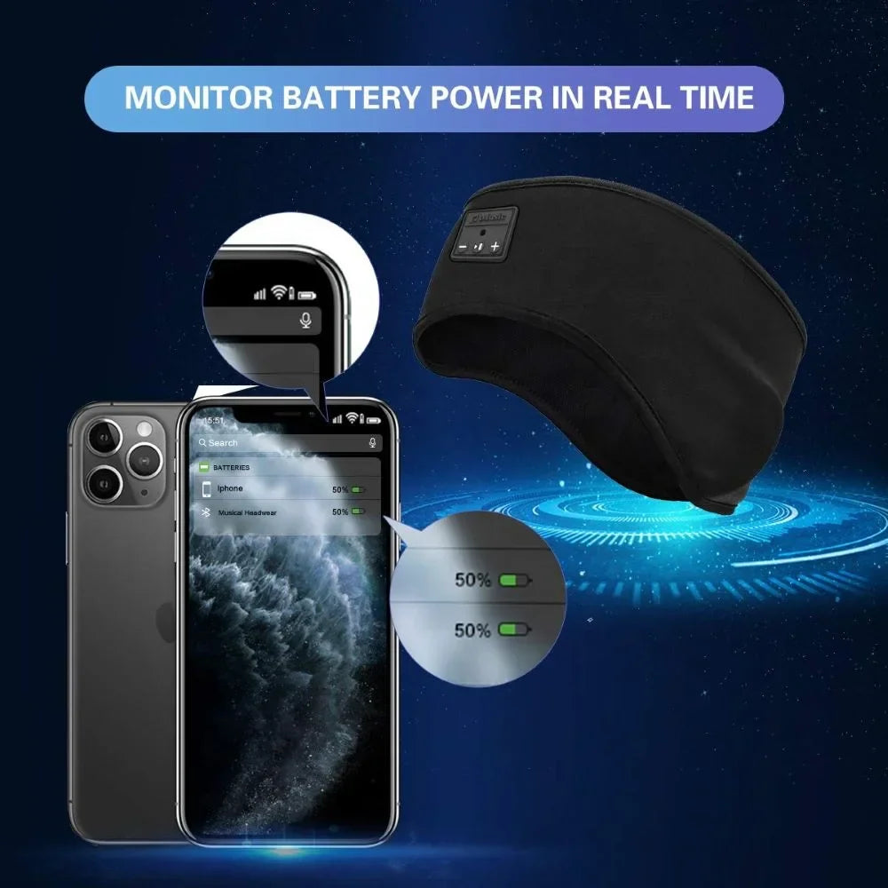Black headphone headband with built-in battery and control buttons for real-time phone battery monitoring