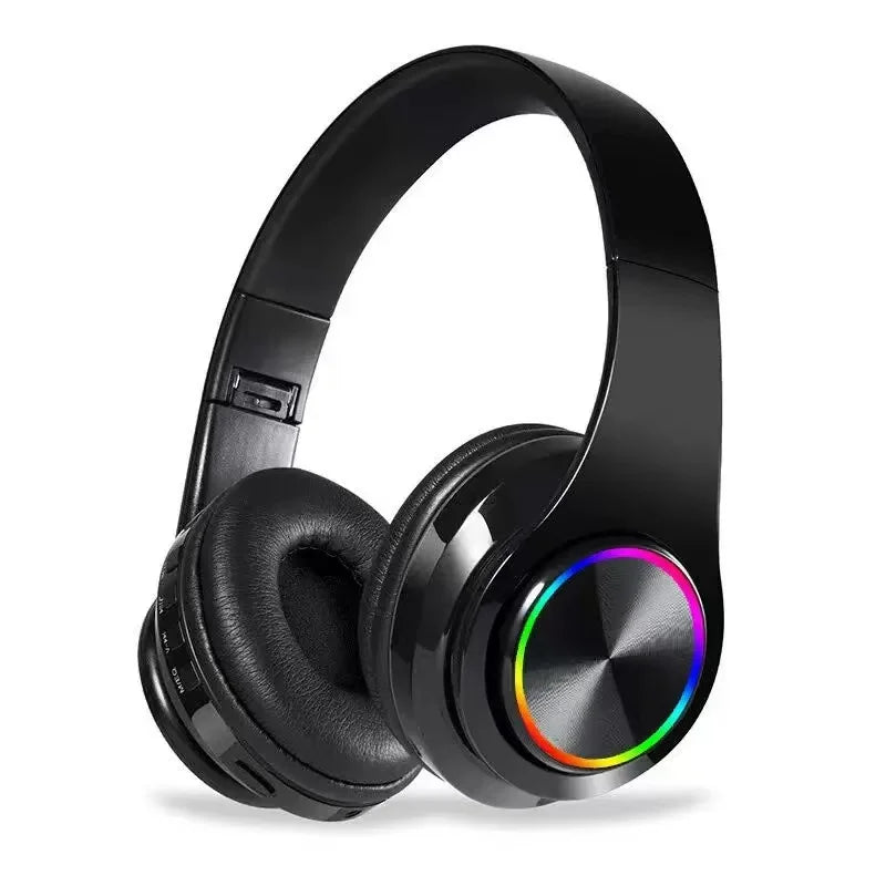 Black over-ear bluetooth headphones rgb with noise cancellation foldable headsets and vibrant led lighting controls