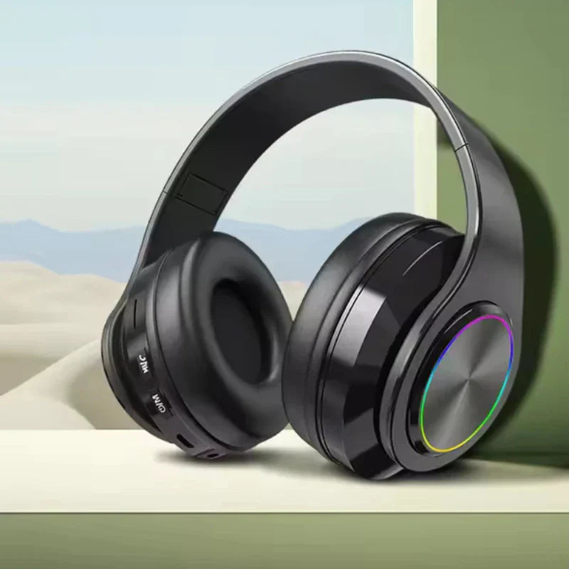 Black over-ear bluetooth headphones rgb with noise cancellation foldable headsets and ear stereo hifi design for sports use