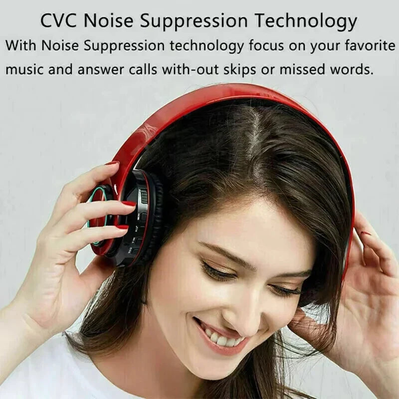 Red and black bluetooth headphones rgb with cvc noise suppression cancellation foldable headsets ear stereo hifi design