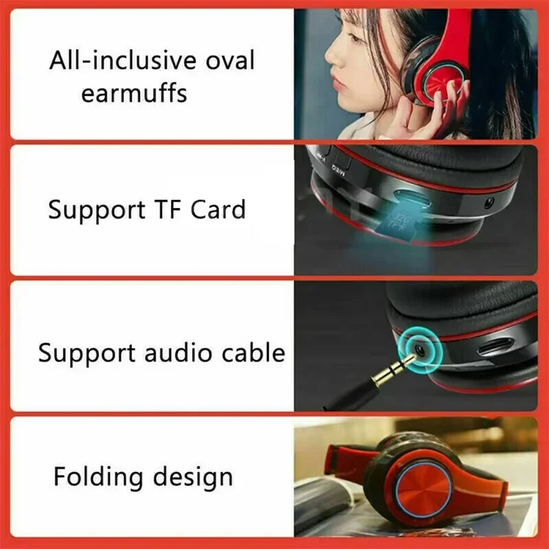 Red and black bluetooth headphones rgb with noise cancellation foldable design and headset tf music player support