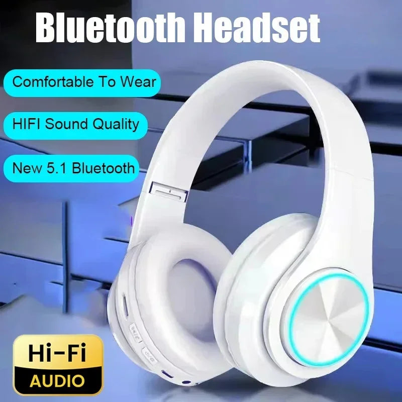 White over-ear bluetooth headphones rgb with noise cancellation foldable design and glowing blue accent for headset tf music
