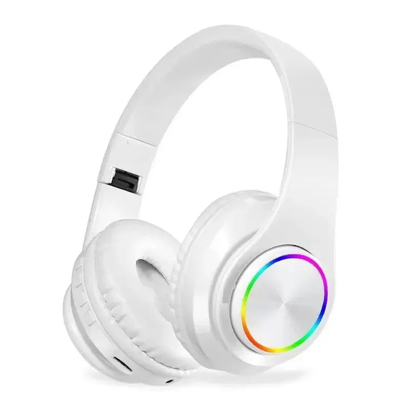 White over-ear bluetooth headphones rgb lighting with noise cancellation foldable headsets ear stereo hifi design