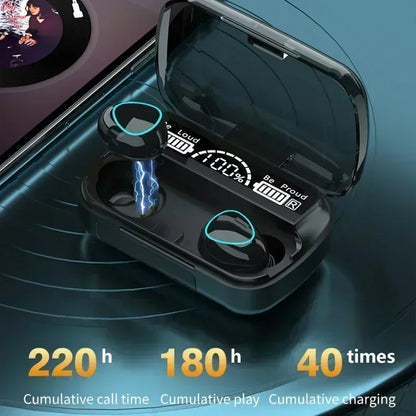 Black bluetooth headset m10 wireless earbuds with glowing blue led display inside a glossy waterproof game headset case