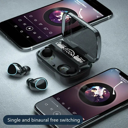 Black bluetooth headset m10 with led dispay and glowing blue accents beside waterproof game headset charging case