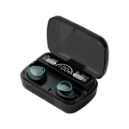 Black bluetooth headset m10 earbuds with teal accents in a glossy led dispay headset charging case showing 100% battery waterproof game headset