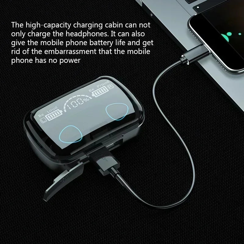 Black and silver bluetooth headset m10 portable charging case with led display showing 100% battery level for waterproof game headset