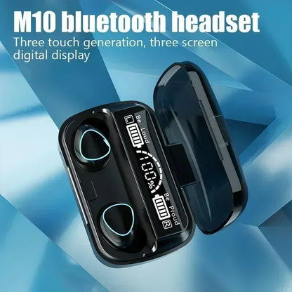 Black bluetooth headset m10 with sleek glossy finish and glowing blue accents LED dispay headset waterproof game headset