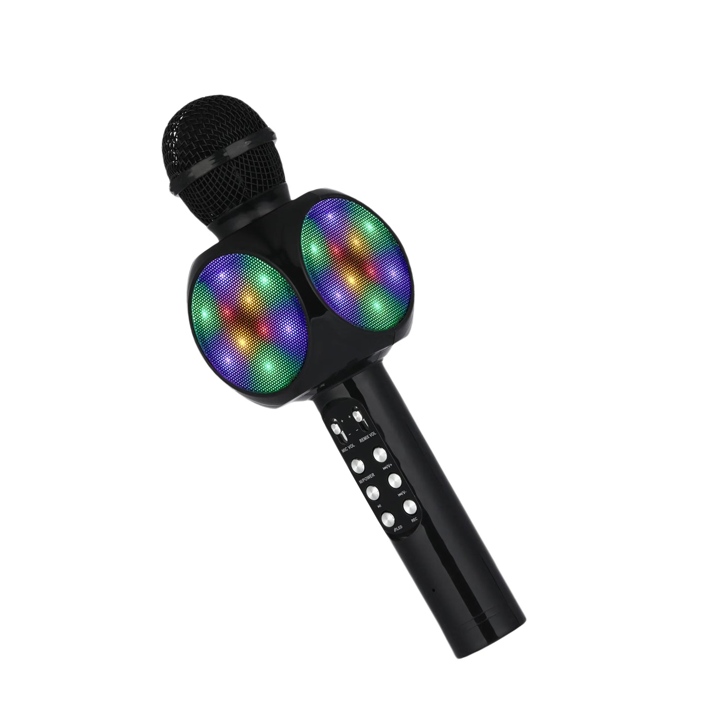 Black bluetooth karaoke microphone with magic voice changer, LED light panels, and control buttons for portable wireless speaker use