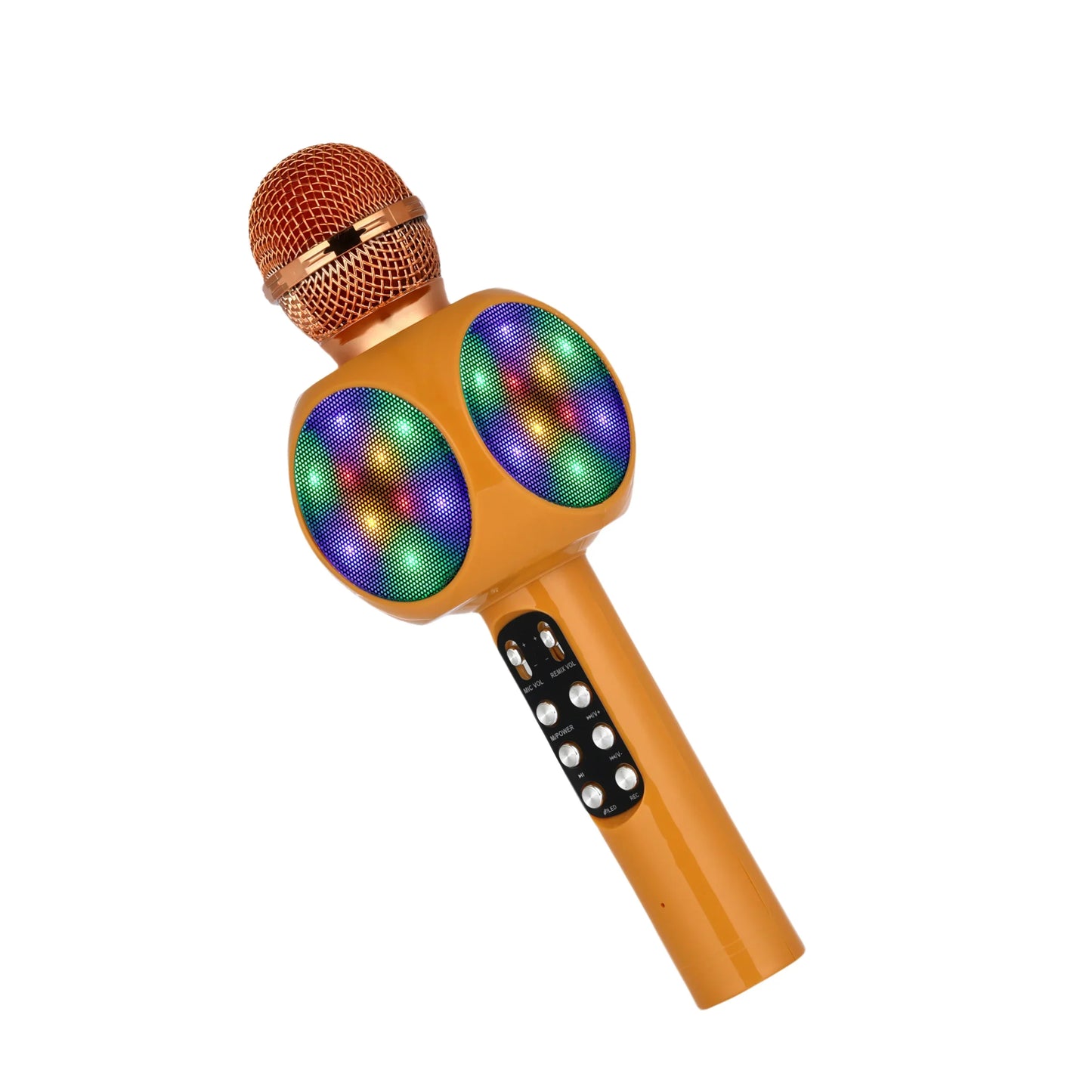 Orange bluetooth karaoke microphone with gold mesh grille and rainbow led lights featuring magic voice changer and portable speaker wireless