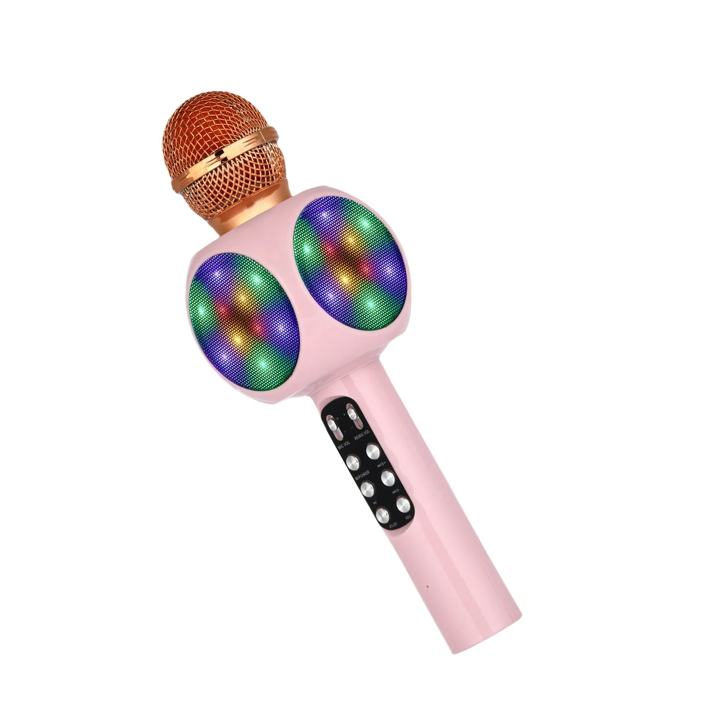 Pink bluetooth karaoke microphone with gold mesh grille and rainbow led lights featuring magic voice changer and portable speaker wireless