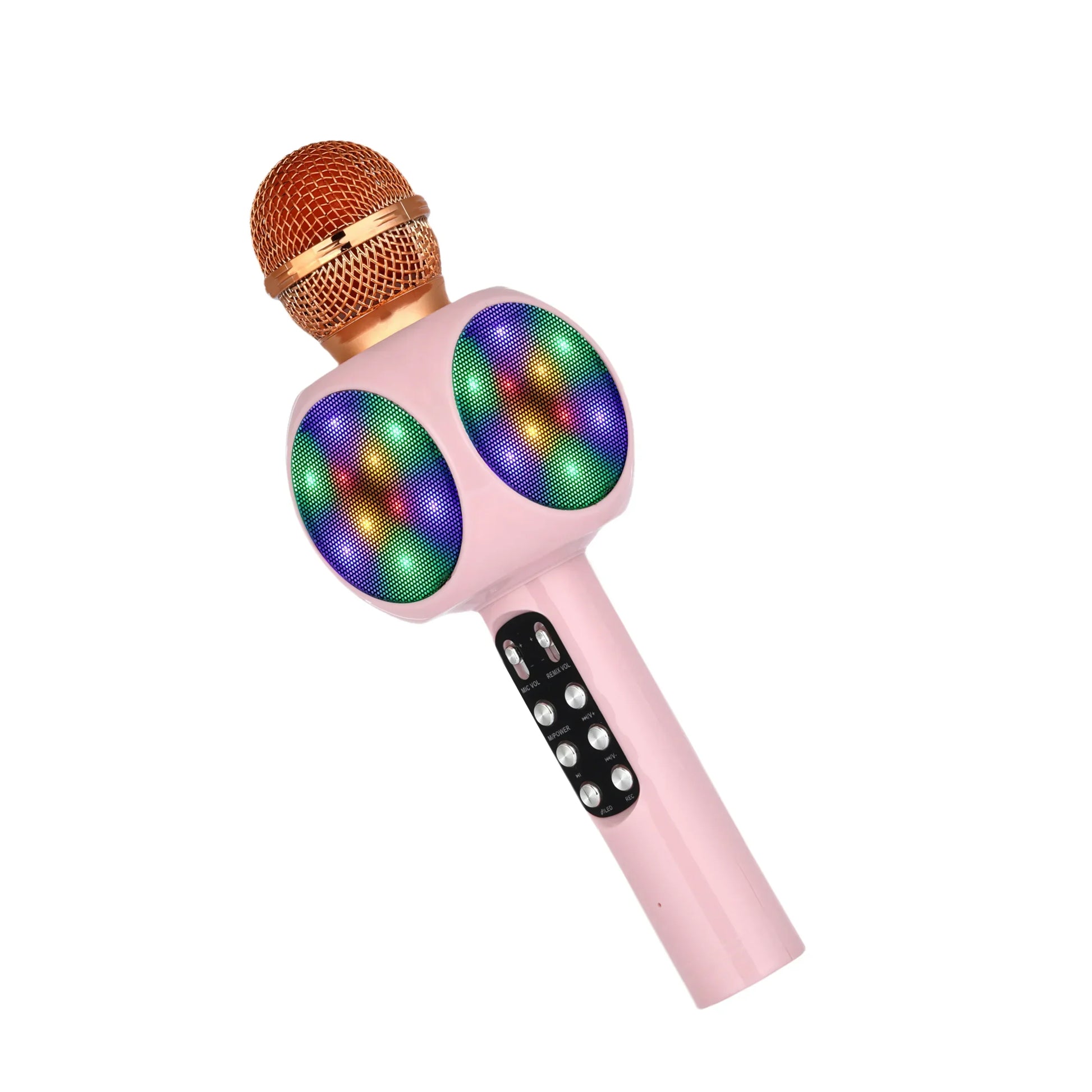 Pink bluetooth karaoke microphone with gold mesh grille and rainbow led lights featuring magic voice changer and portable speaker wireless
