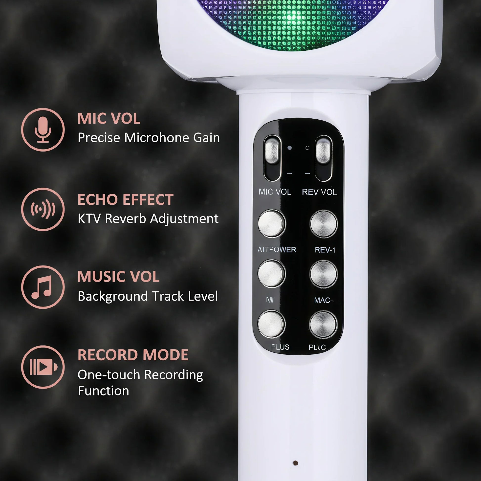 White bluetooth karaoke microphone with glowing green and purple led light ring and magic voice changer feature