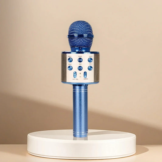 Blue wireless karaoke mic with textured mesh grille and silver buttons ideal as girls birthday gifts and bluetooth karaoke microphone