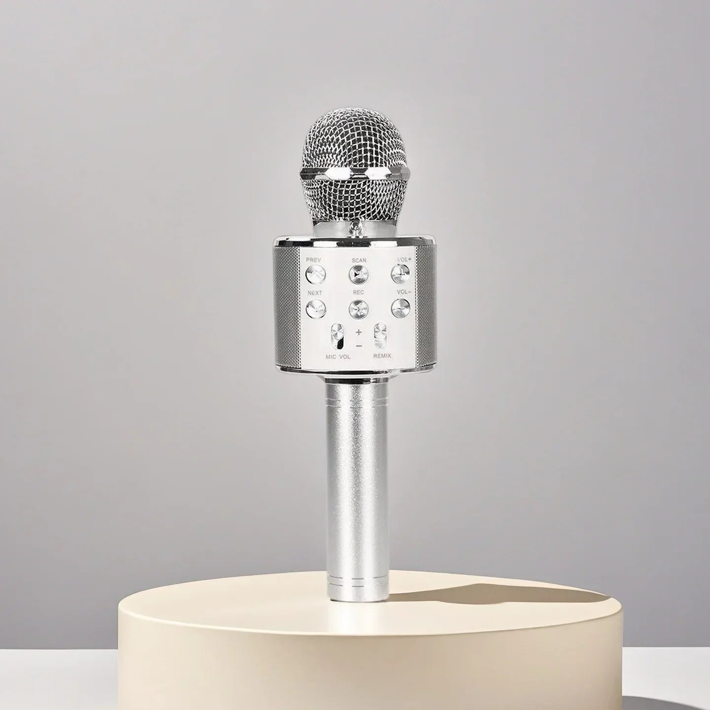Silver wireless karaoke mic with mesh grille and control buttons bluetooth karaoke microphone ideal for girls birthday gifts