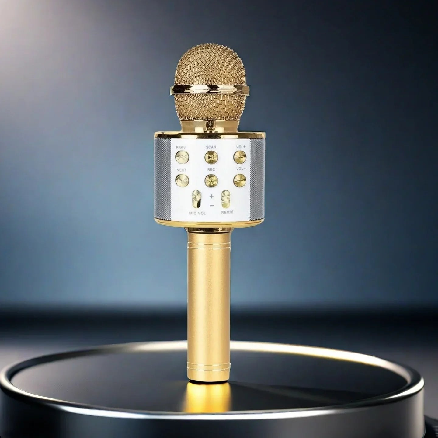 Gold-colored wireless karaoke mic with mesh grille and control buttons ideal bluetooth karaoke microphone for girls birthday gifts