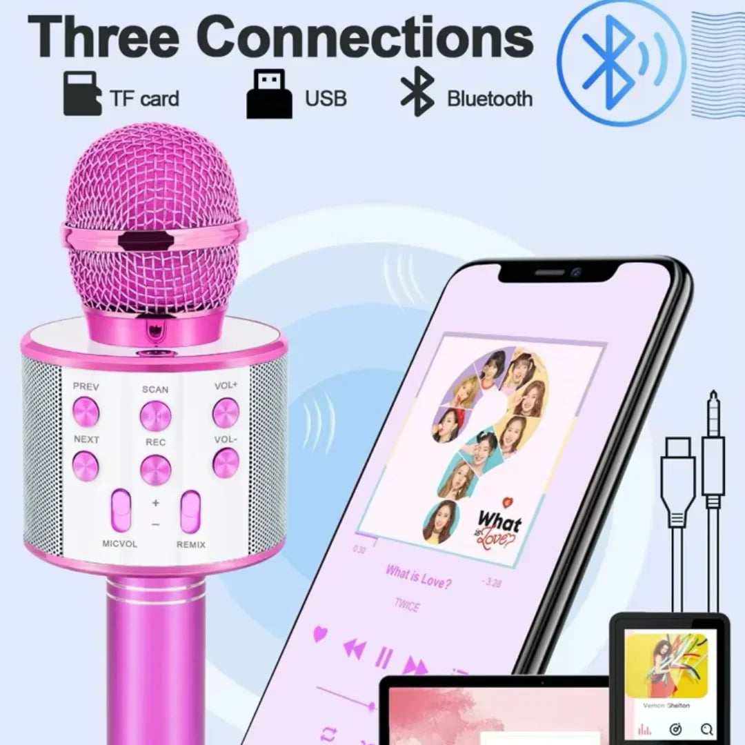 Pink wireless karaoke mic with mesh grille and control buttons perfect bluetooth karaoke microphone for girls birthday gifts