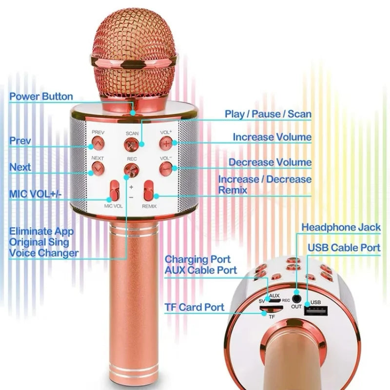 Rose gold bluetooth karaoke microphone wireless karaoke mic with mesh grille and control panel for girls birthday gifts