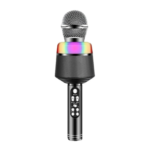 Black wireless karaoke mic with silver mesh grille and rainbow led lighting band for portable home karaoke use