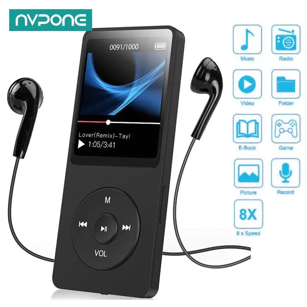 Black bluetooth mp4 mp3 lossless music player with tft lcd display touchscreen and circular control buttons with earphones