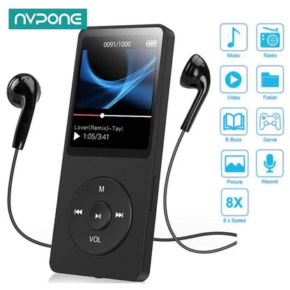 Black bluetooth mp4 mp3 lossless music player with tft lcd display touchscreen and circular control buttons with earphones