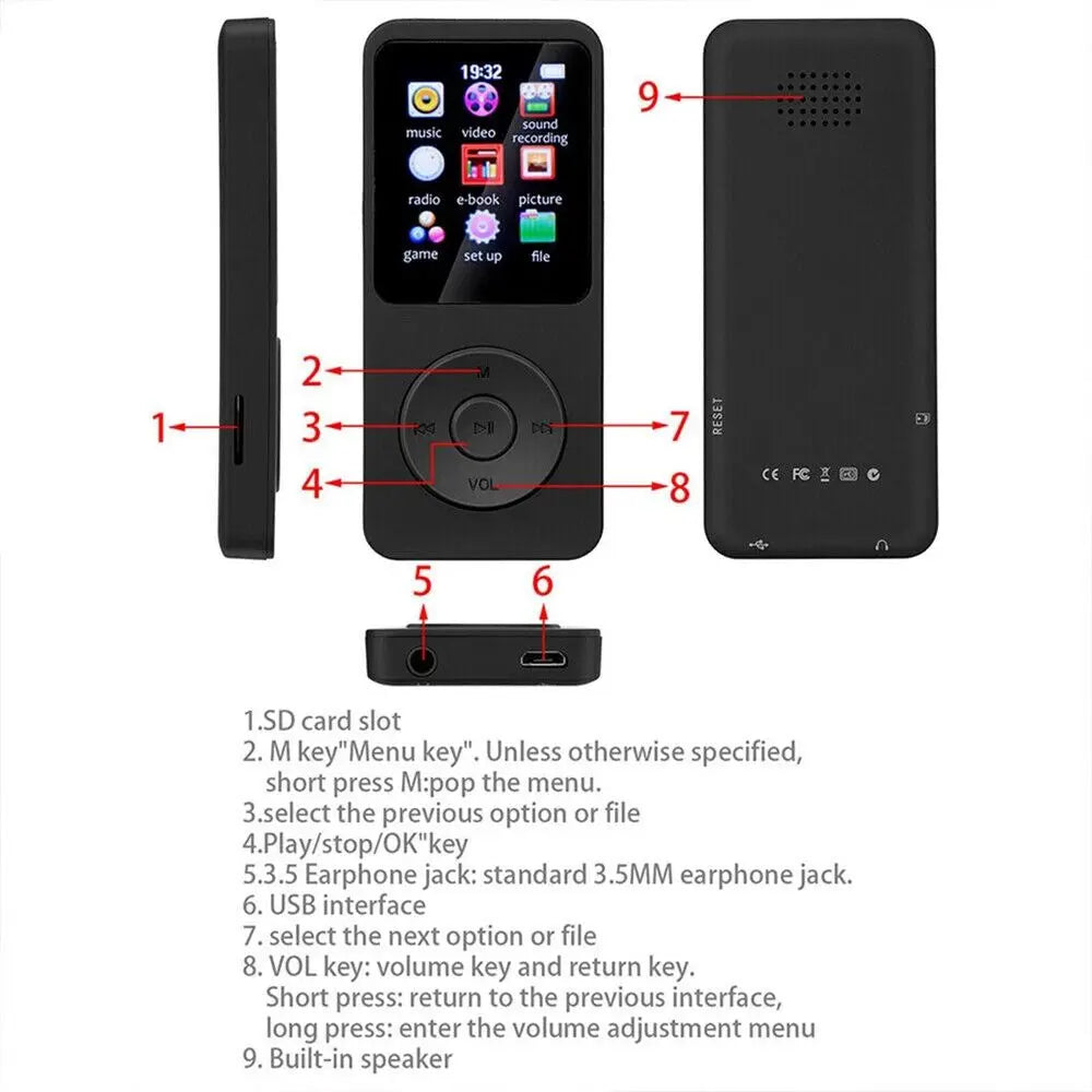 Black rectangular bluetooth mp4 mp3 lossless music player with touchscreen tft display showing music video and radio icons